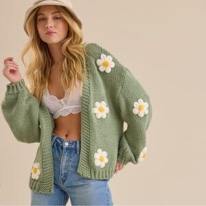 Altar'd State Daisy Floral Sage Chunky Knit Cardigan Sweater Women’s XL
